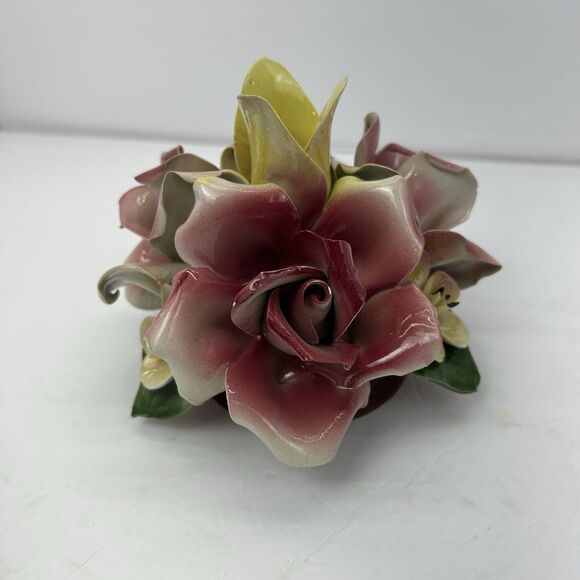 Capodimonte Porcelain Floral Arrangement Flower Basket Italy MCM Pink Yellow - Picture 2 of 15